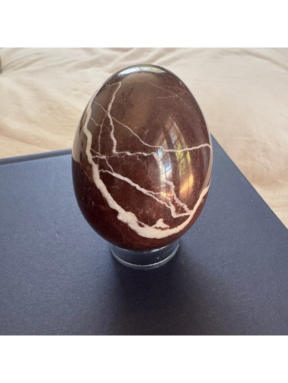 Vintage Red Zebra Marble Jasper Stone Egg White Vein Hand Carved Pakistan